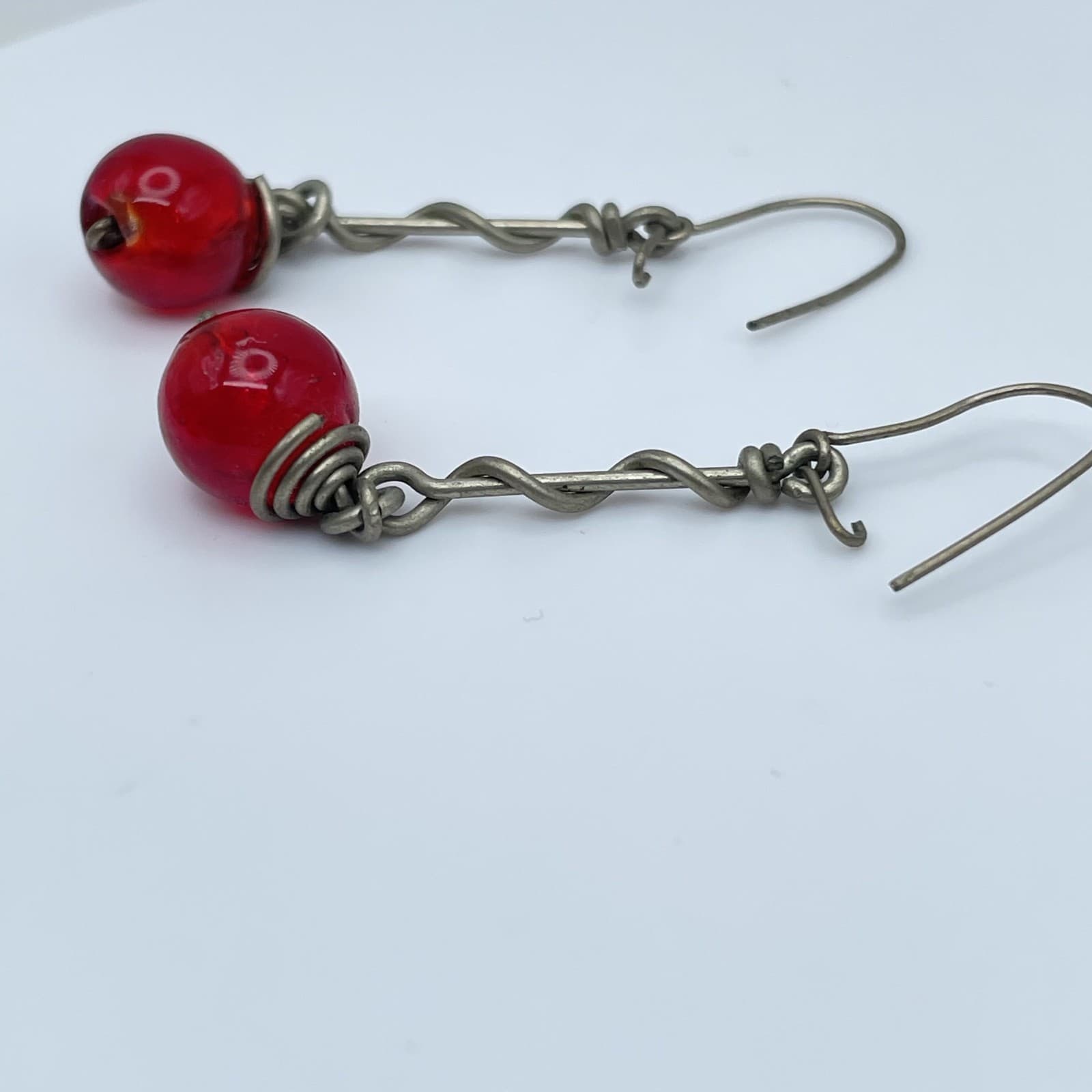 Vintage Handmade Carnelian Red Bead Wire Wrapped Dangle Drop Earrings Boho - Thumbnail 4