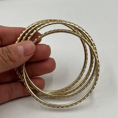 5 Vintage Gold Tone Stacking Bangle Bracelets Set Diamond Cut Boho Jewelry Lot - Thumbnail 4
