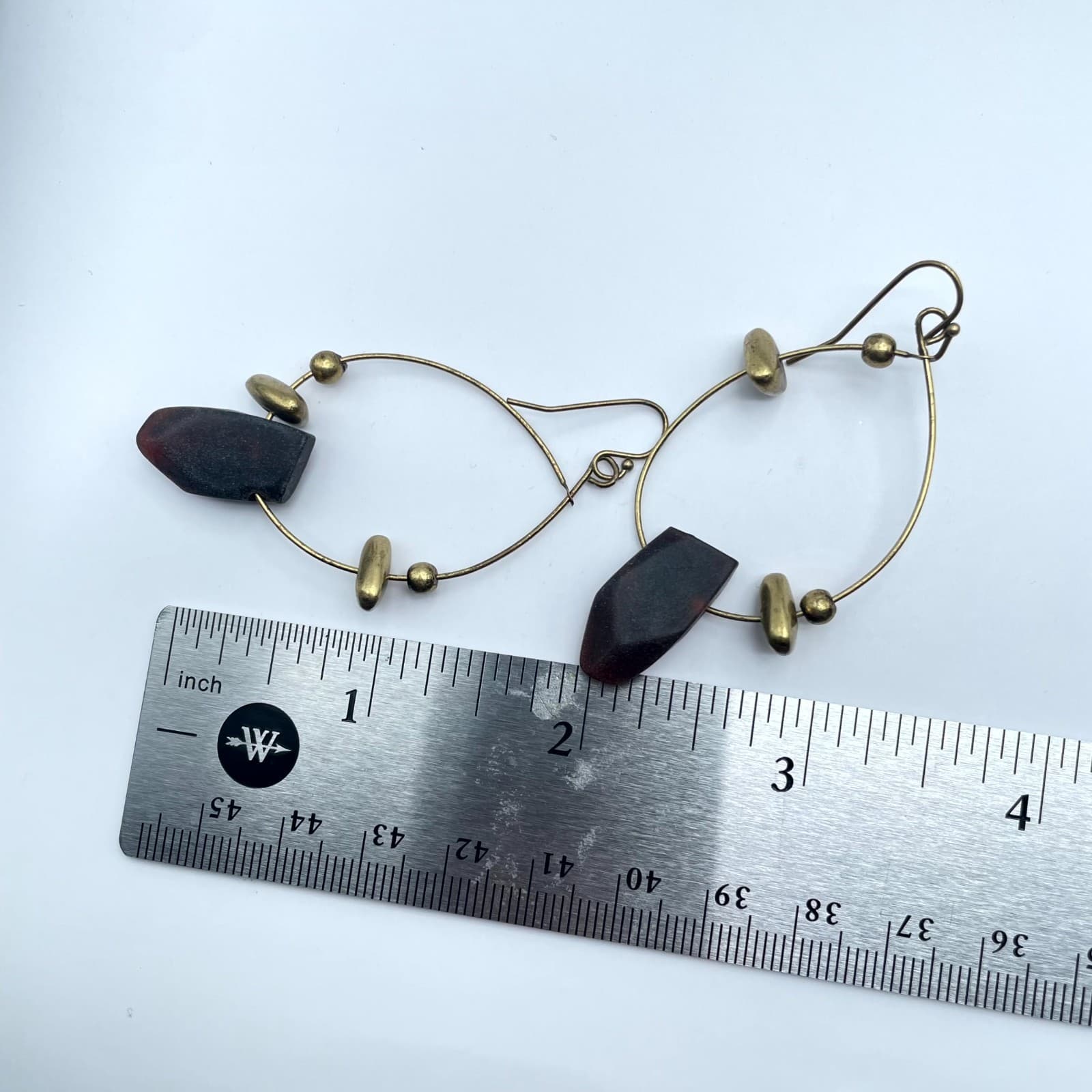 Handmade Brass Teardrop Hoop Earrings Raw Dark Purple Stone Boho Artisan Jewelry - Thumbnail 10