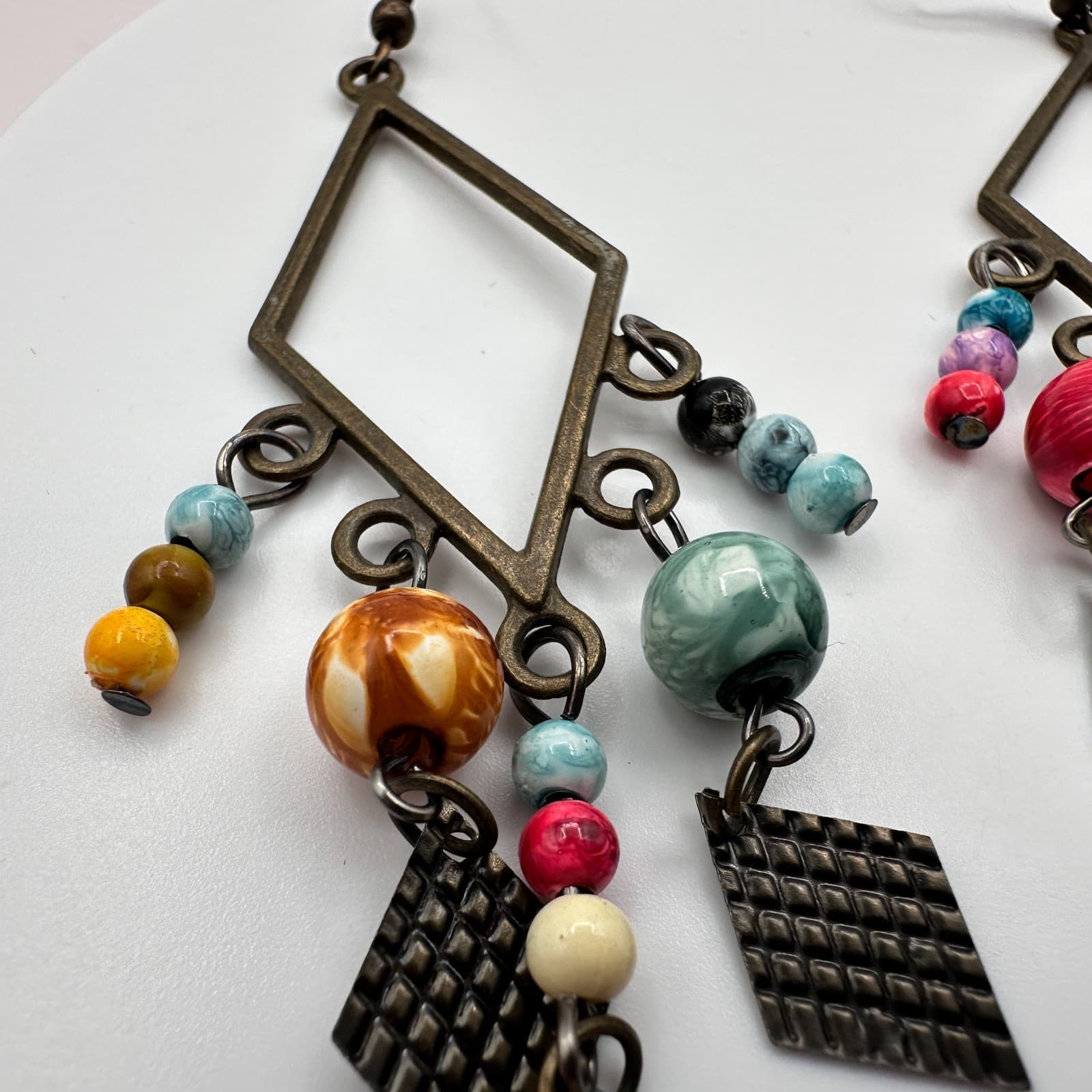 Vintage 80s Bohemian Dangle Earrings Beaded Drop Geometric Brown Metal Jewelry - Thumbnail 4