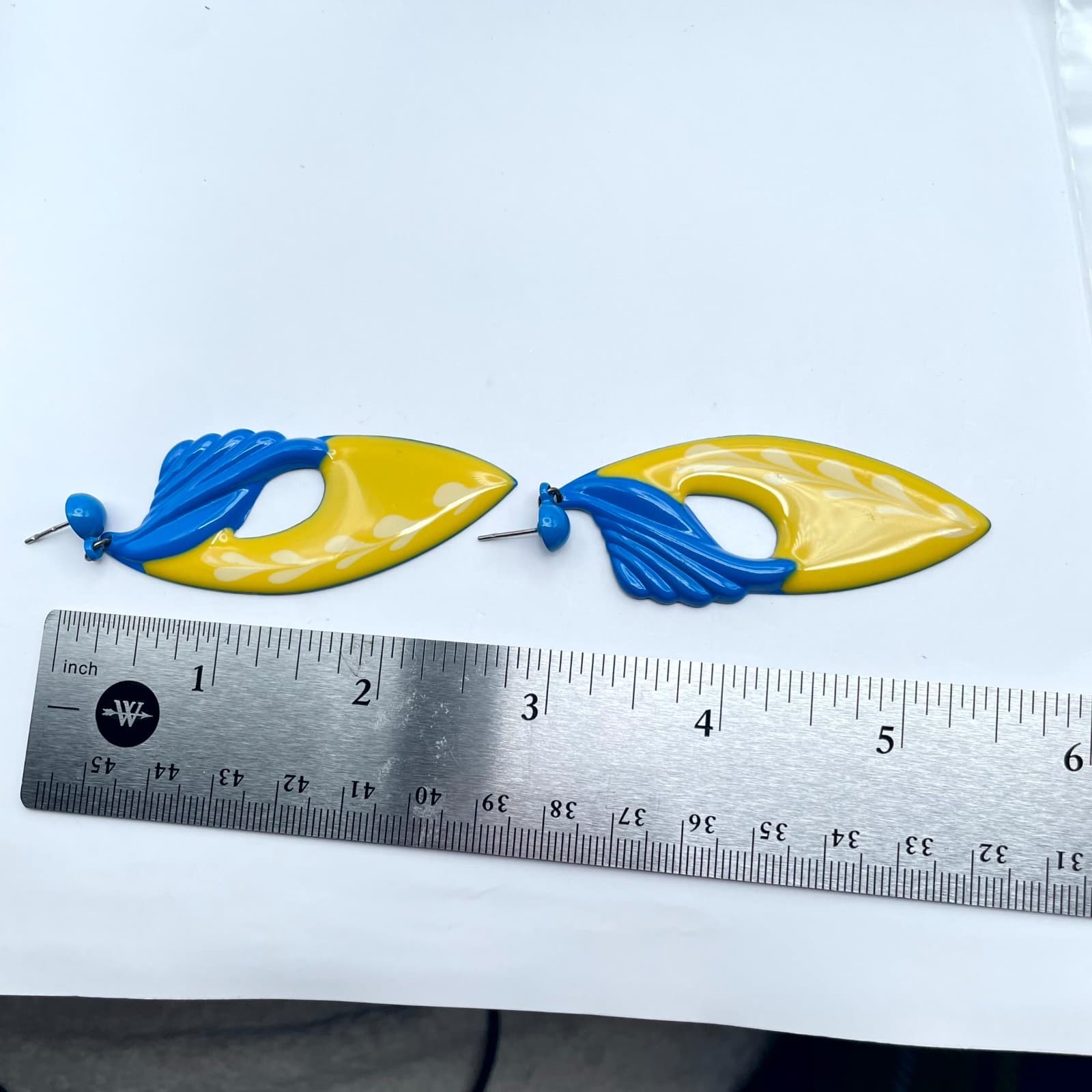 Vintage Blue Yellow Enamel Dangle Drop Earrings Abstract Art Deco Style - Thumbnail 9