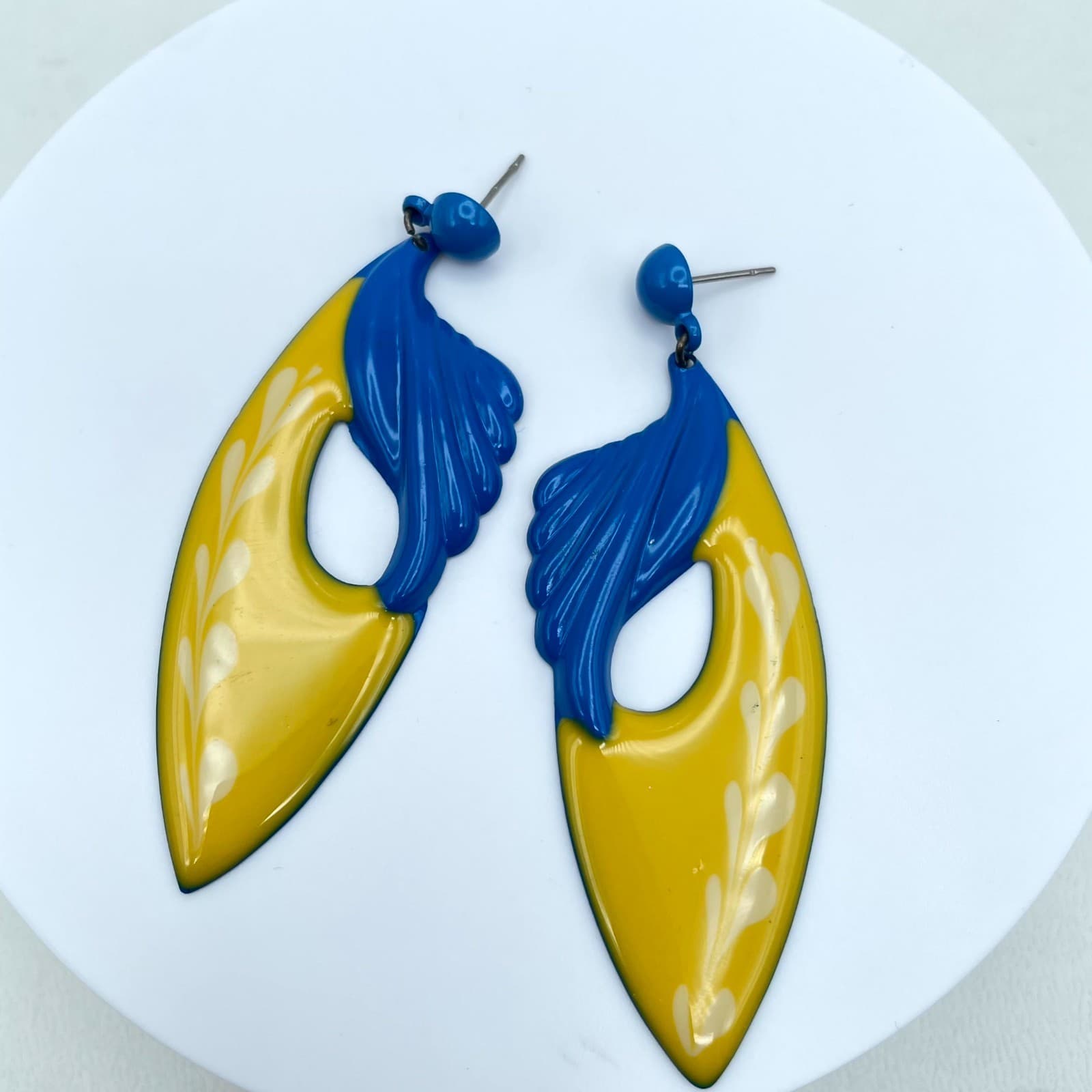 Vintage Blue Yellow Enamel Dangle Drop Earrings Abstract Art Deco Style - Thumbnail 3