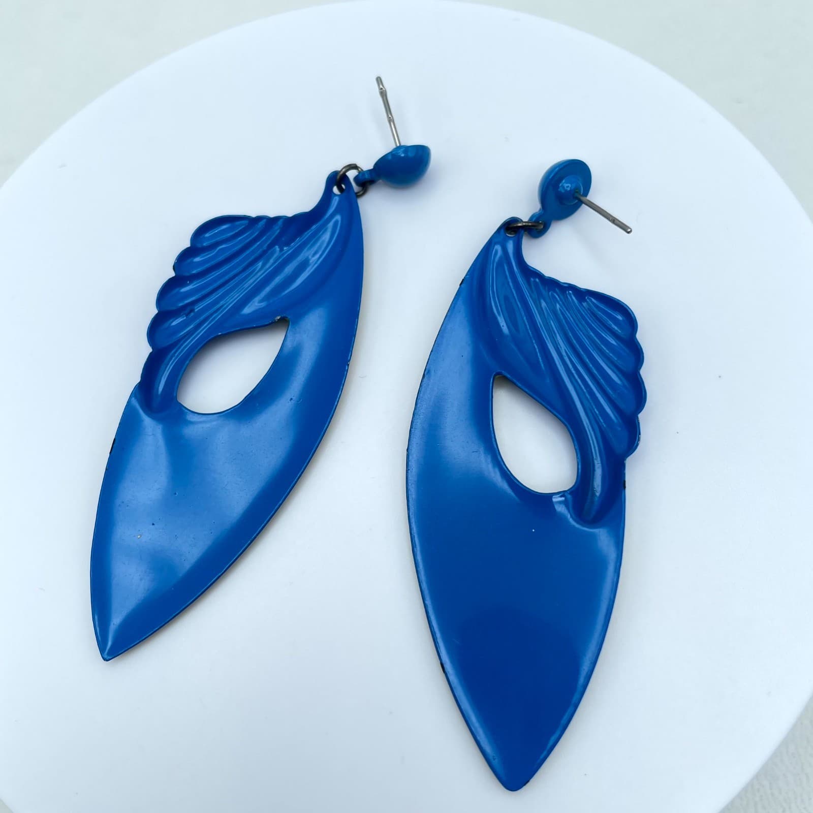 Vintage Blue Yellow Enamel Dangle Drop Earrings Abstract Art Deco Style - Thumbnail 2