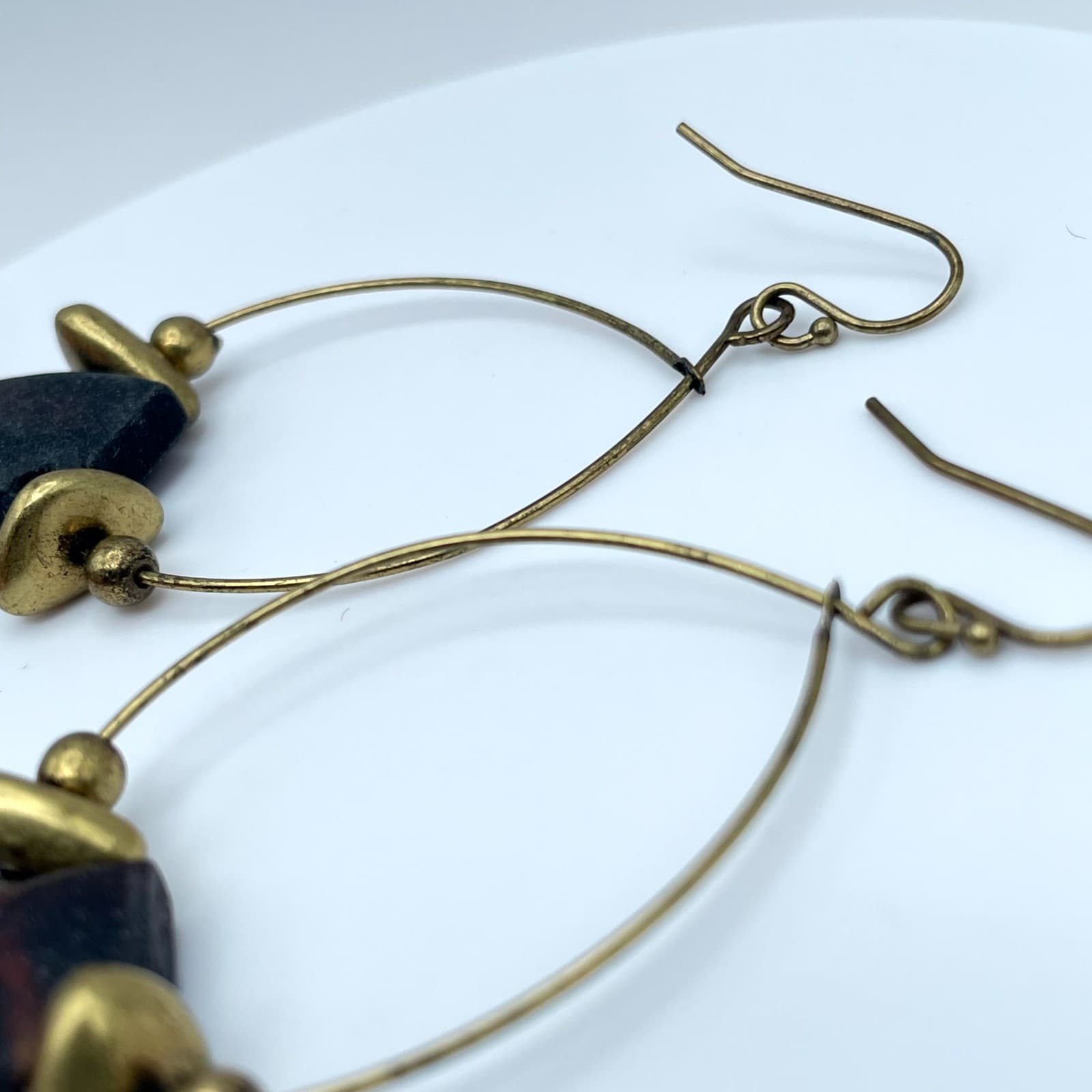 Handmade Brass Teardrop Hoop Earrings Raw Dark Purple Stone Boho Artisan Jewelry - Thumbnail 7