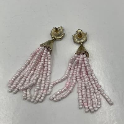 Lot Of 2 Vintage Boho Black White Beaded Tassel Earrings Rhinestone Drop Dangle - Thumbnail 5