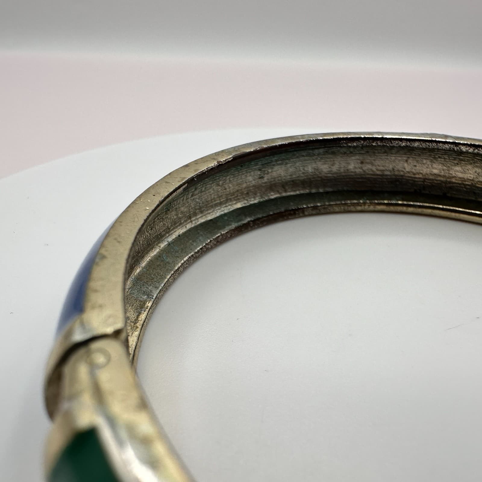 Vintage 90s Blue Green Enamel Bangle Bracelet Silver Tone Hinged Crystal Jewelry - Thumbnail 5