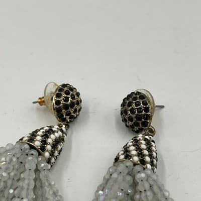 Lot Of 2 Vintage Boho Black White Beaded Tassel Earrings Rhinestone Drop Dangle - Thumbnail 9
