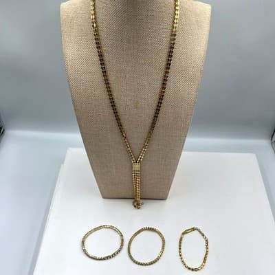 Vintage Gold Tone Rhinestone Jewelry Set Y Lariat Necklace & 3 Tennis Bracelets - Image 1