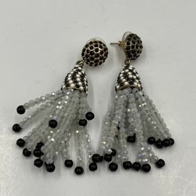 Lot Of 2 Vintage Boho Black White Beaded Tassel Earrings Rhinestone Drop Dangle - Thumbnail 2