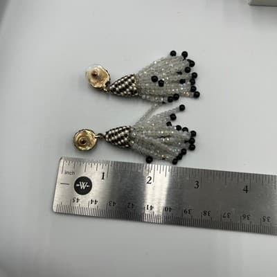 Lot Of 2 Vintage Boho Black White Beaded Tassel Earrings Rhinestone Drop Dangle - Thumbnail 11