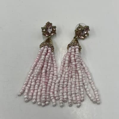 Lot Of 2 Vintage Boho Black White Beaded Tassel Earrings Rhinestone Drop Dangle - Thumbnail 4