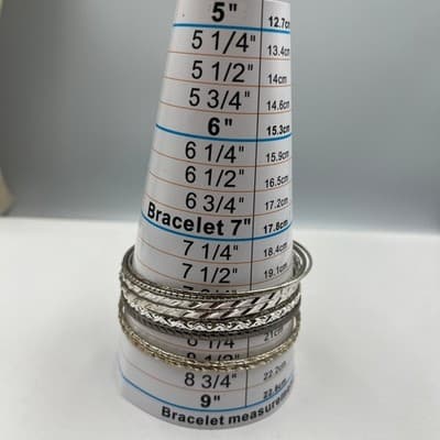 8 Vintage Silver Tone Stacking Bangle Bracelets Set Diamond Cut Texture Boho Lot - Thumbnail 7