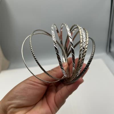 8 Vintage Silver Tone Stacking Bangle Bracelets Set Diamond Cut Texture Boho Lot - Thumbnail 5