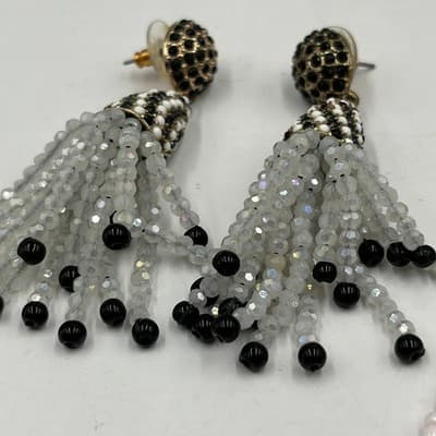 Lot Of 2 Vintage Boho Black White Beaded Tassel Earrings Rhinestone Drop Dangle - Thumbnail 8