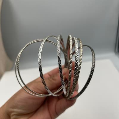 8 Vintage Silver Tone Stacking Bangle Bracelets Set Diamond Cut Texture Boho Lot - Thumbnail 6