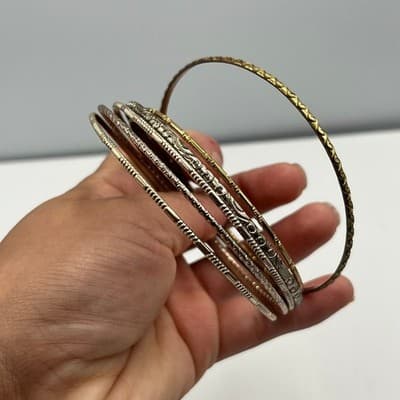 Vintage Boho Bangle Bracelet Set 7pc Textured Hammered Etched Rose Gold Tone - Thumbnail 4