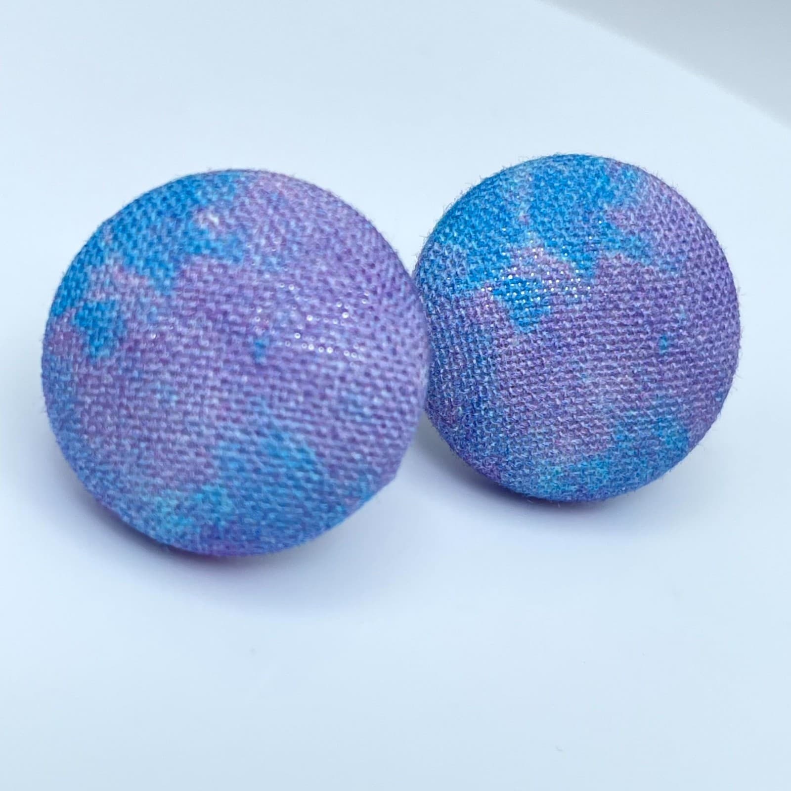 Vintage Blue Purple Tie Dye Fabric Covered Round Button Studs Earrings - Thumbnail 5