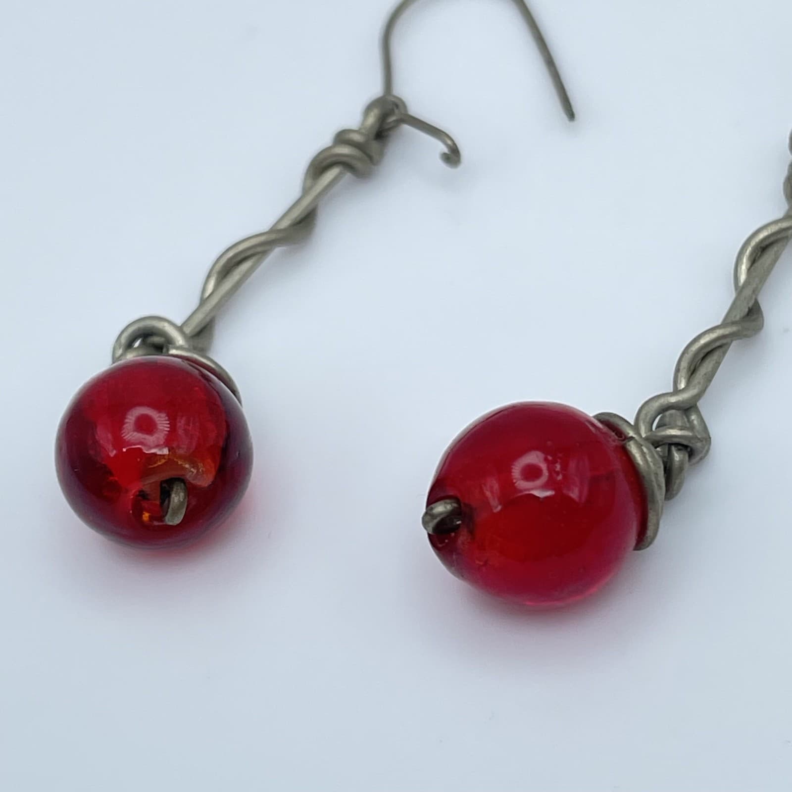 Vintage Handmade Carnelian Red Bead Wire Wrapped Dangle Drop Earrings Boho - Thumbnail 2