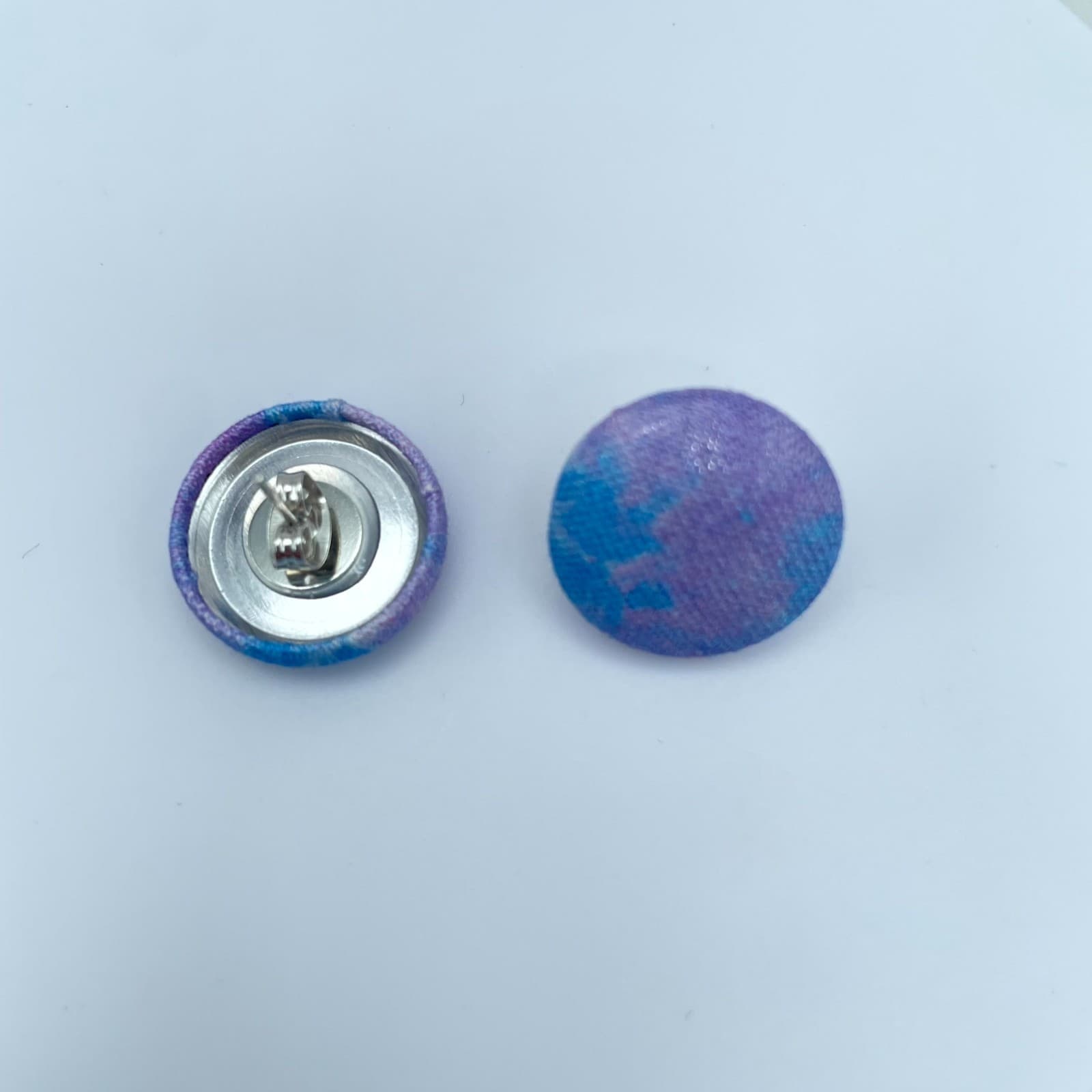 Vintage Blue Purple Tie Dye Fabric Covered Round Button Studs Earrings - Image 1