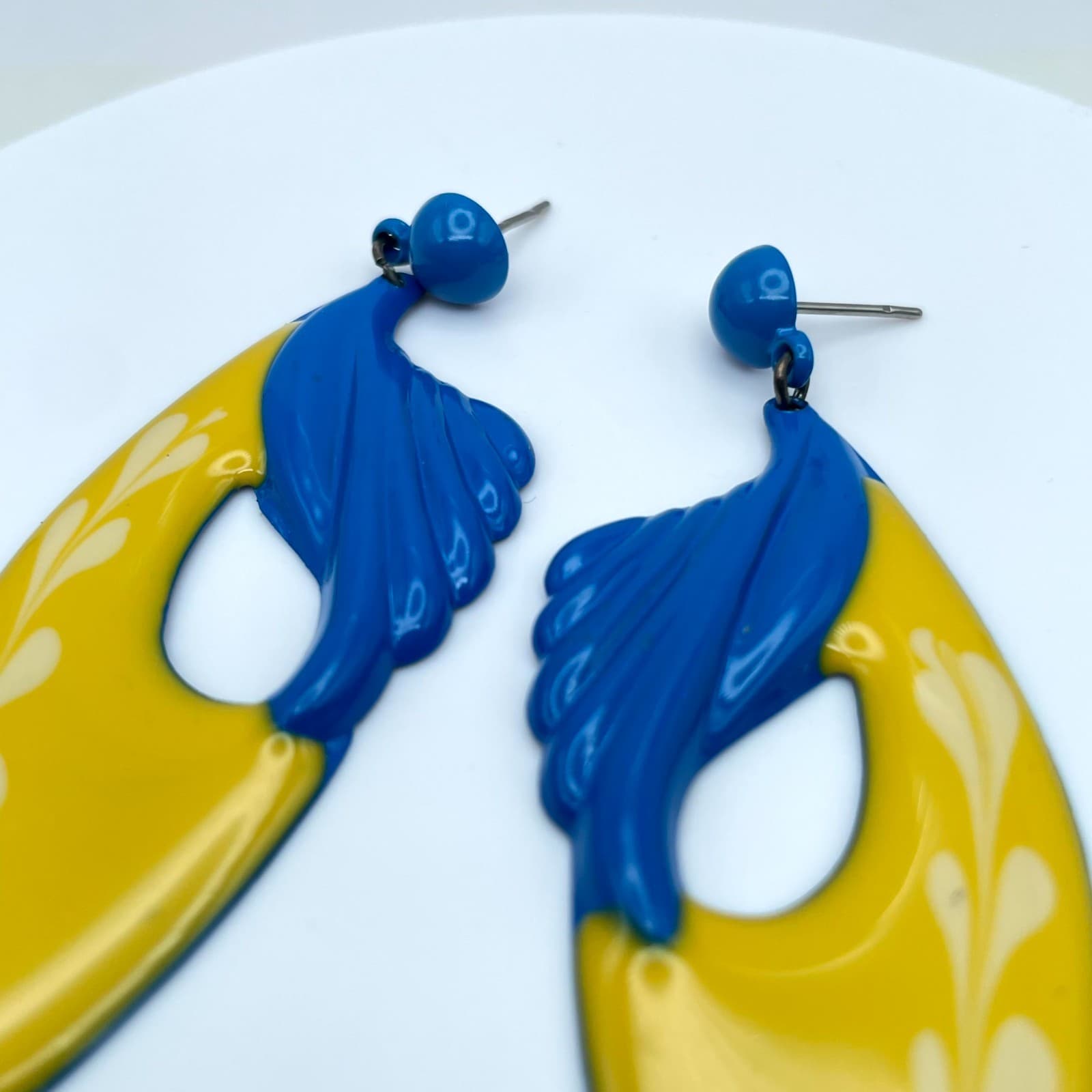 Vintage Blue Yellow Enamel Dangle Drop Earrings Abstract Art Deco Style - Thumbnail 4