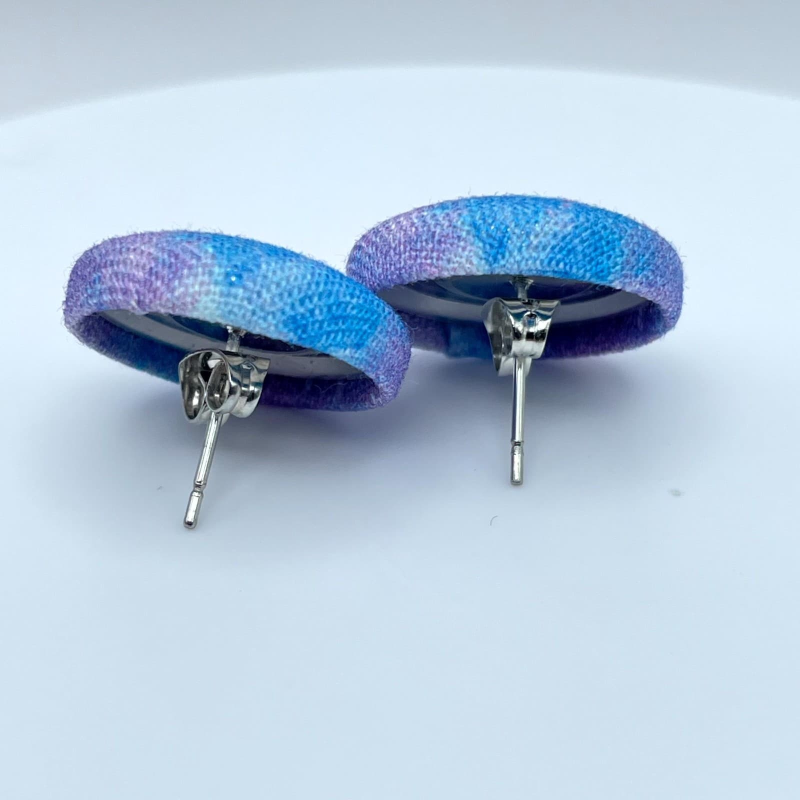 Vintage Blue Purple Tie Dye Fabric Covered Round Button Studs Earrings - Thumbnail 9