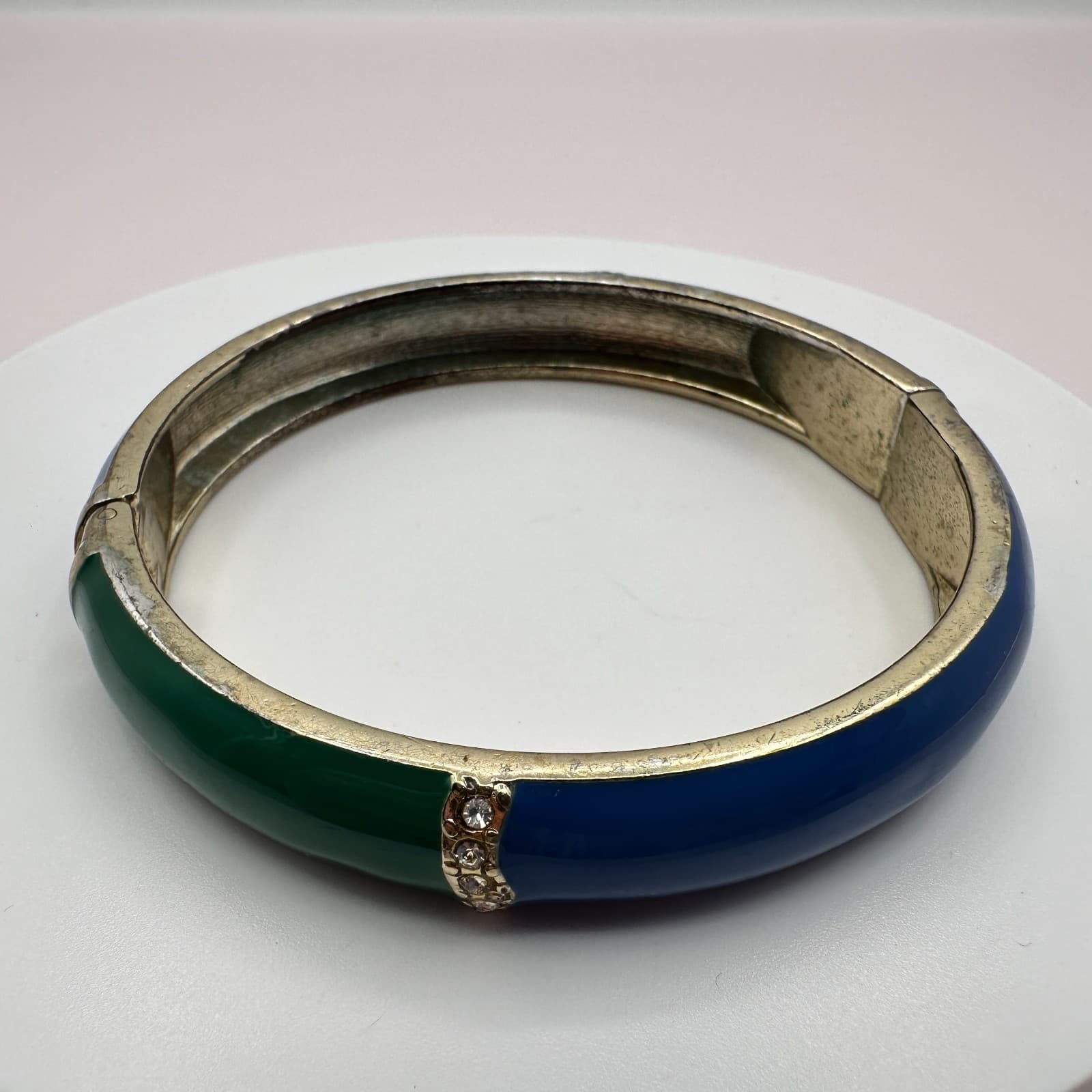Vintage 90s Blue Green Enamel Bangle Bracelet Silver Tone Hinged Crystal Jewelry - Thumbnail 2