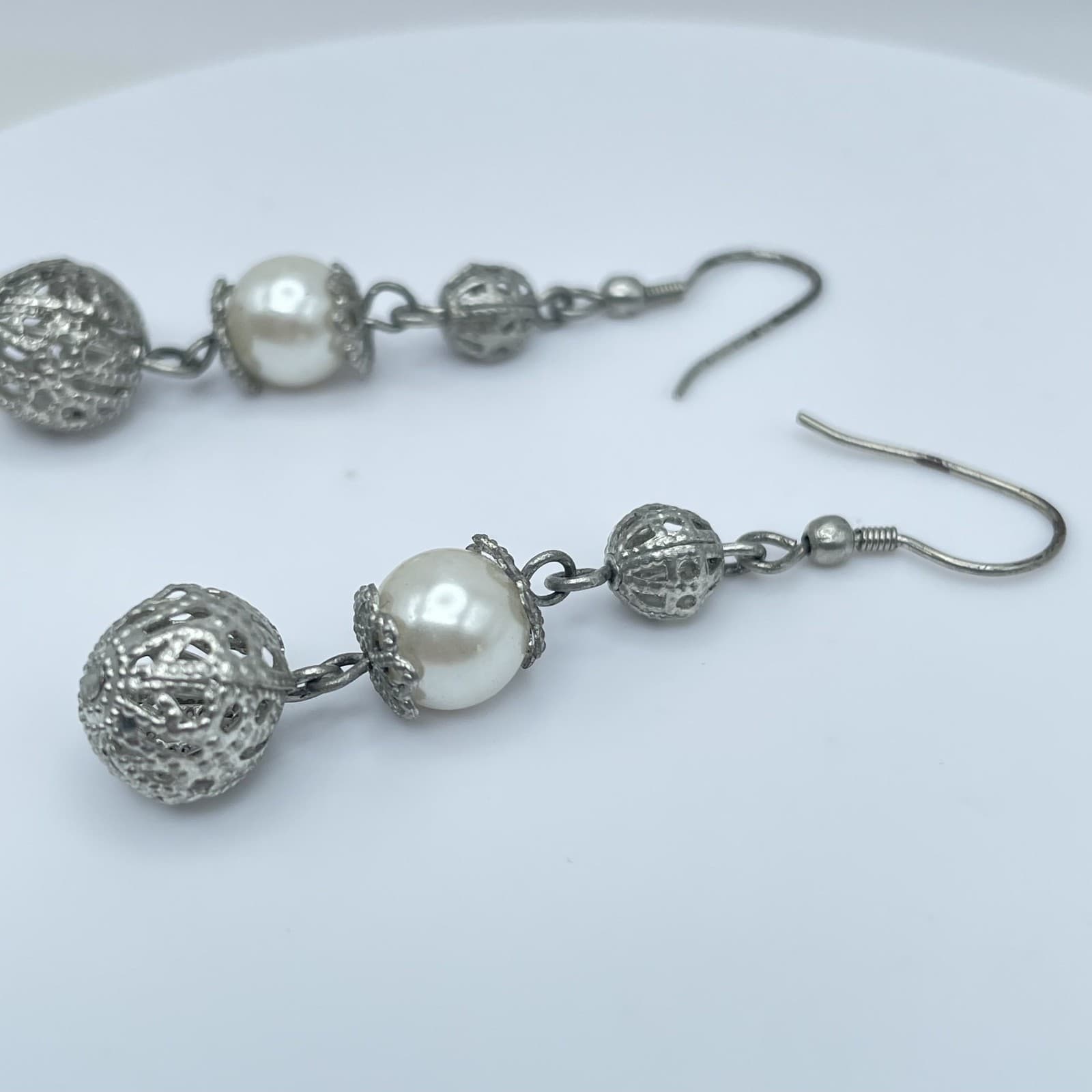 Vintage Silver Tone Filigree White Faux Pearl Bead Boho Dangle Drop Earrings - Thumbnail 3