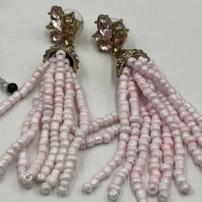 Lot Of 2 Vintage Boho Black White Beaded Tassel Earrings Rhinestone Drop Dangle - Thumbnail 6