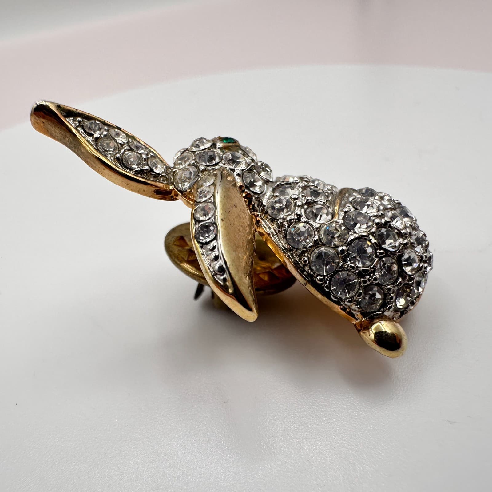 Vintage 80s Rhinestone Rabbit Bunny Brooch Pin Gold Tone Clear Crystals Jewelry - Thumbnail 4