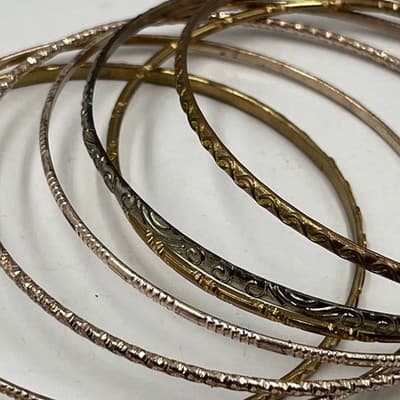 Vintage Boho Bangle Bracelet Set 7pc Textured Hammered Etched Rose Gold Tone - Thumbnail 2