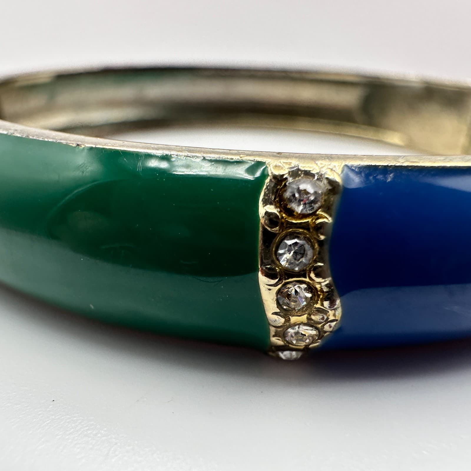 Vintage 90s Blue Green Enamel Bangle Bracelet Silver Tone Hinged Crystal Jewelry - Thumbnail 3