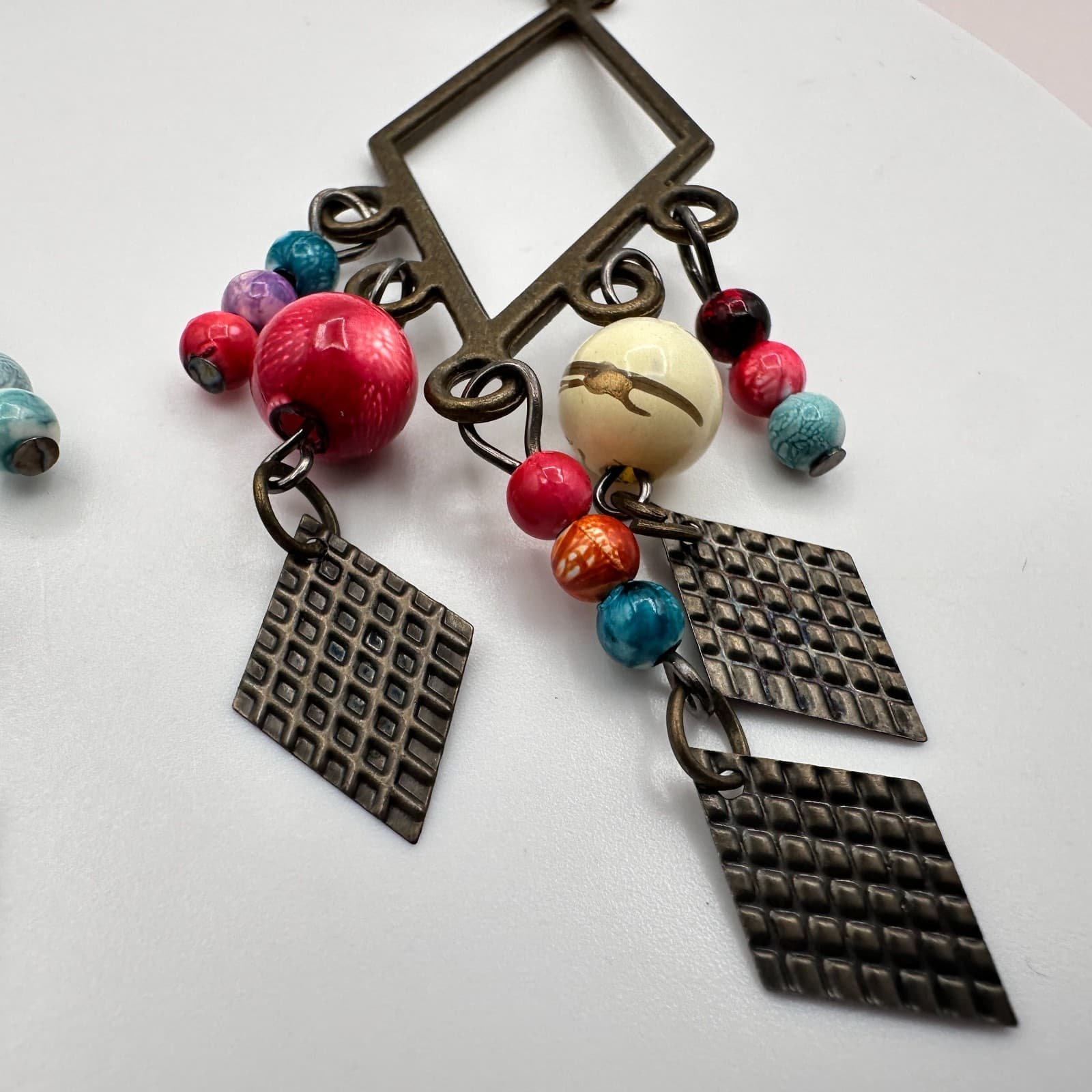 Vintage 80s Bohemian Dangle Earrings Beaded Drop Geometric Brown Metal Jewelry - Thumbnail 6