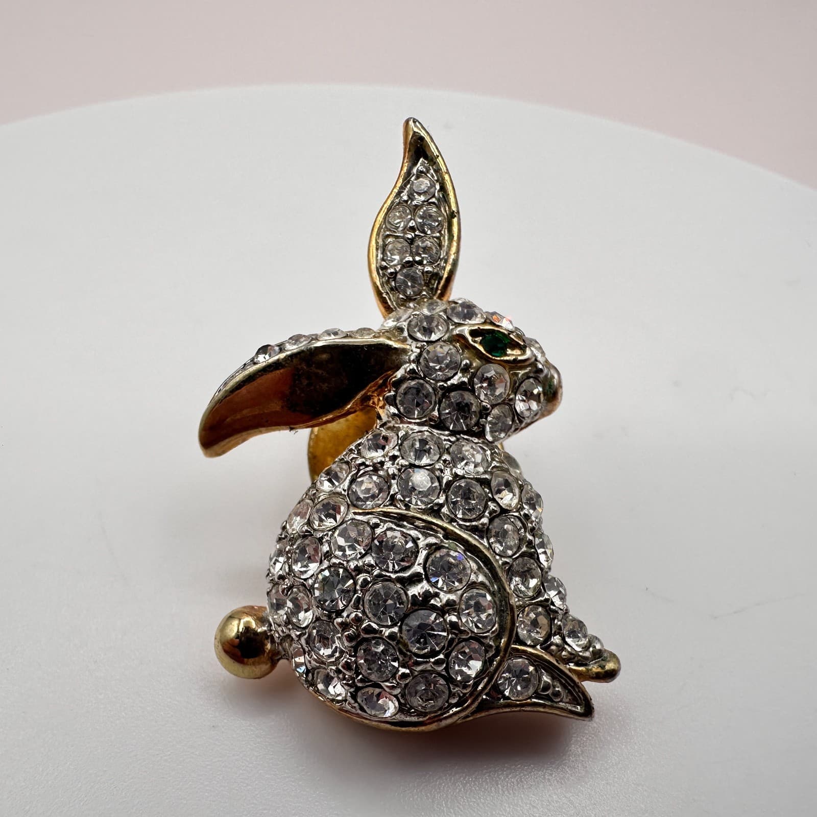 Vintage 80s Rhinestone Rabbit Bunny Brooch Pin Gold Tone Clear Crystals Jewelry - Thumbnail 3
