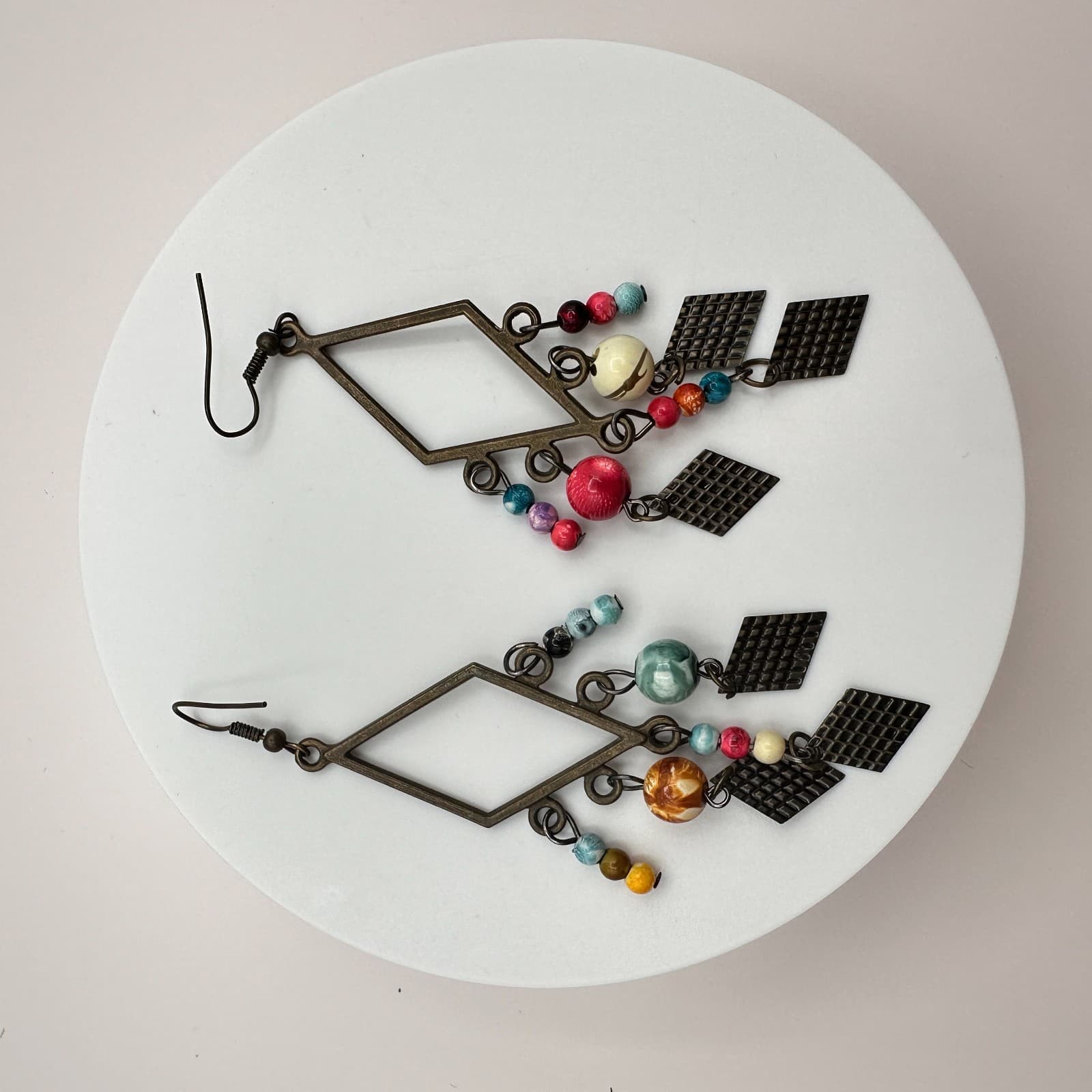 Vintage 80s Bohemian Dangle Earrings Beaded Drop Geometric Brown Metal Jewelry - Thumbnail 7