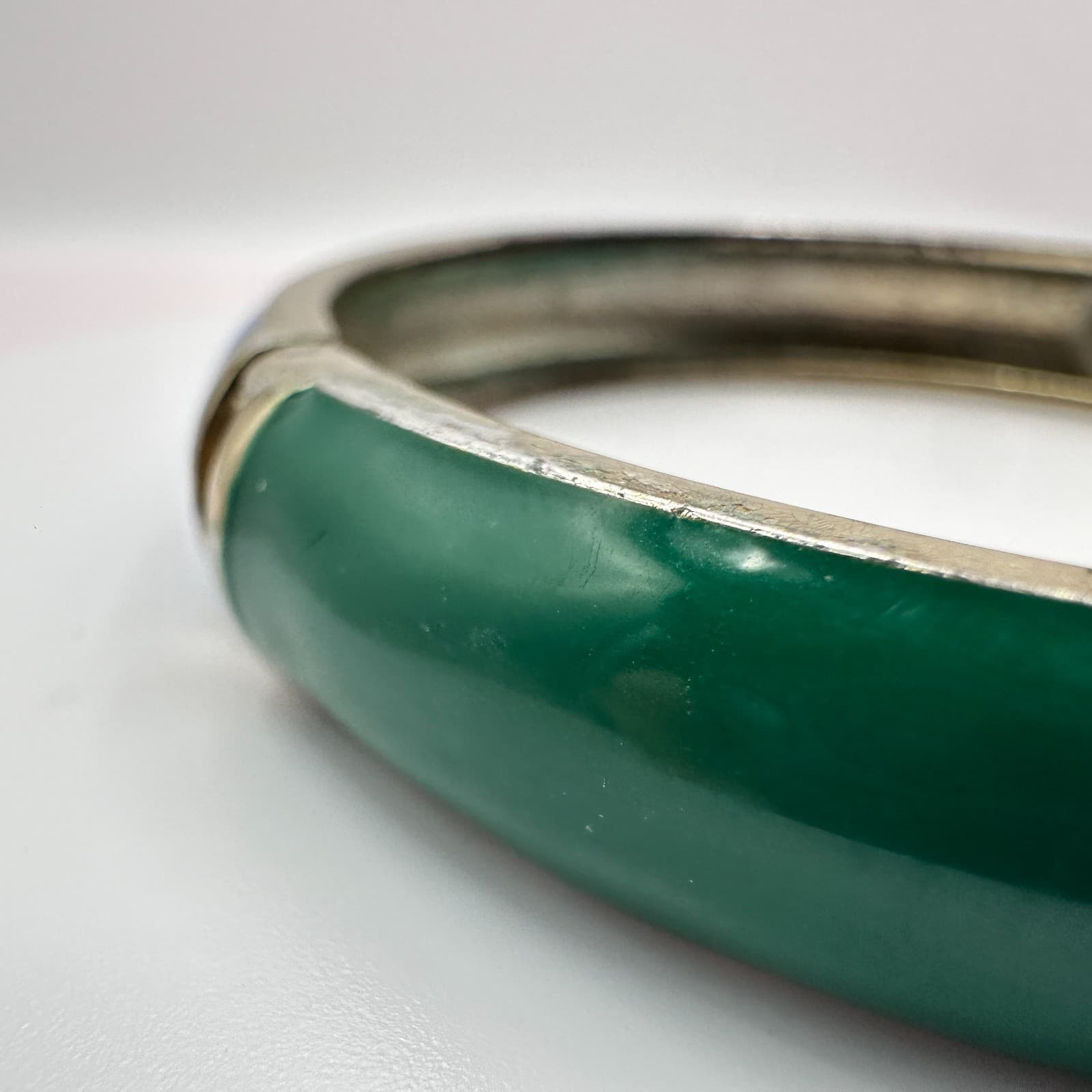 Vintage 90s Blue Green Enamel Bangle Bracelet Silver Tone Hinged Crystal Jewelry - Thumbnail 4