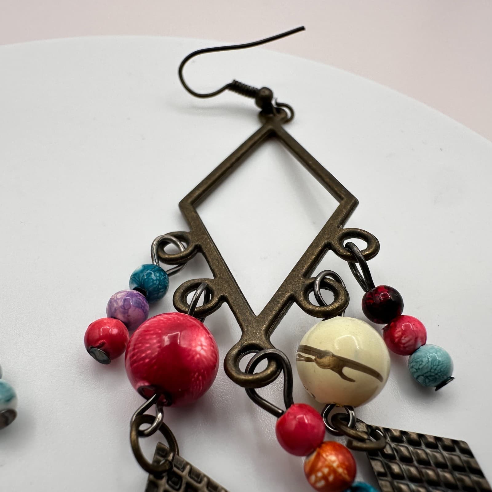 Vintage 80s Bohemian Dangle Earrings Beaded Drop Geometric Brown Metal Jewelry - Thumbnail 5