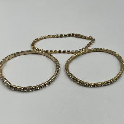 Vintage Gold Tone Rhinestone Jewelry Set Y Lariat Necklace & 3 Tennis Bracelets - Thumbnail 4