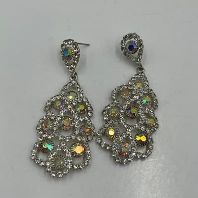 Vintage Anne Klein Aurora Borealis Crystal Necklace & Earring Silver Tone AK 3pc - Thumbnail 2