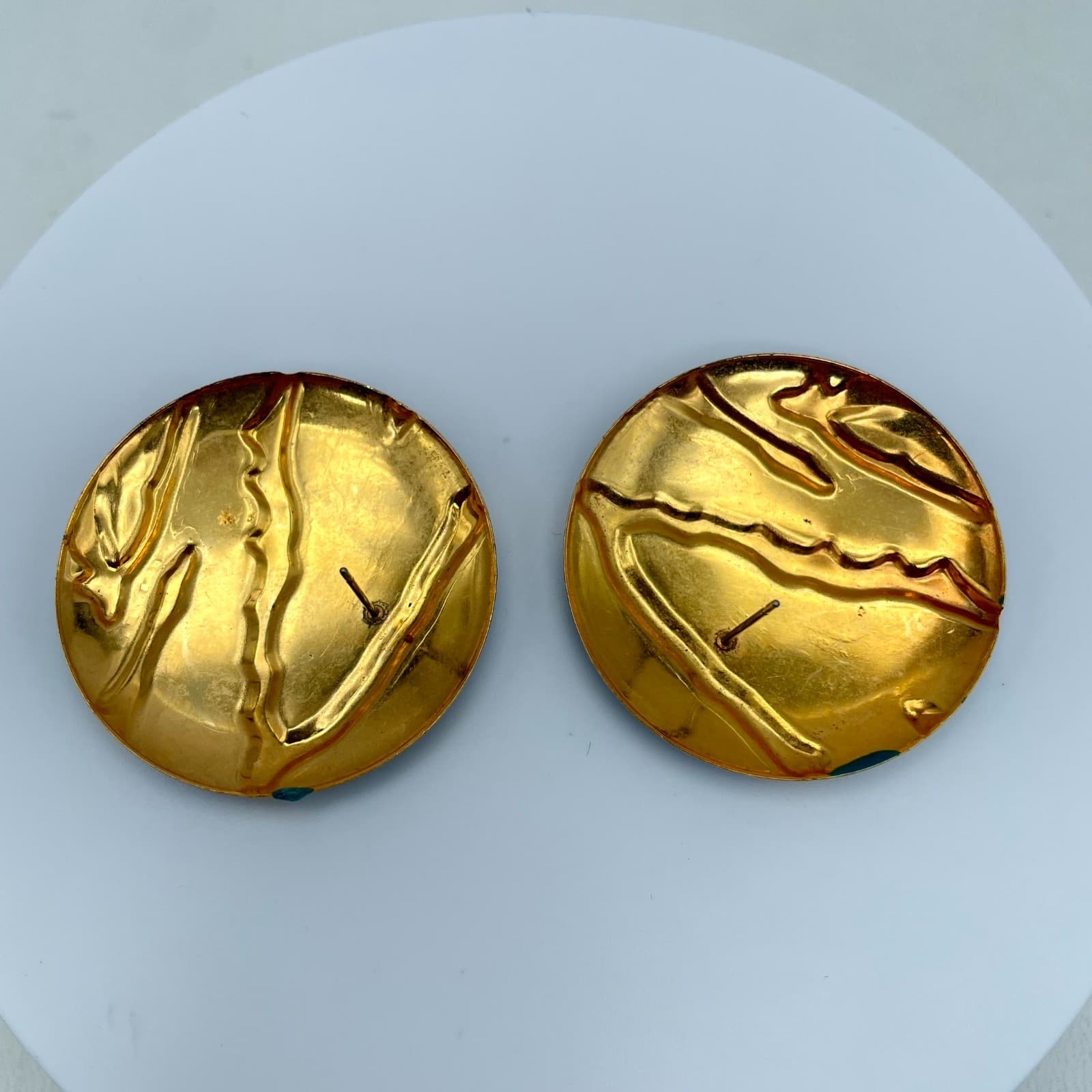 Pair of 2 Pierced Button Forest Teal Blue Enamel Gold Tone Stud Earrings - Thumbnail 2