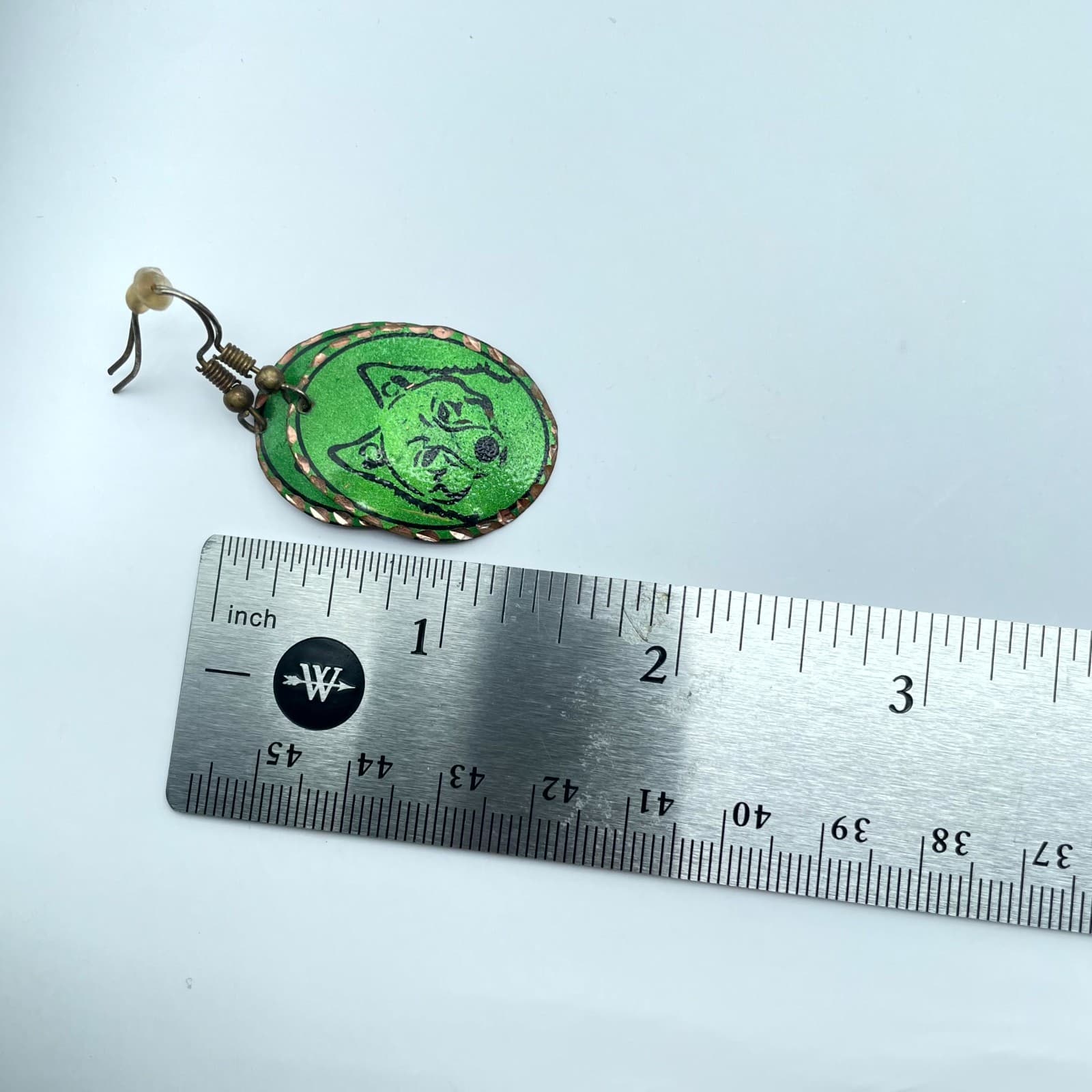 Vintage Copper Wolf Head Earrings Hand Painted Green Enamel Boho Animal Jewelry - Thumbnail 7