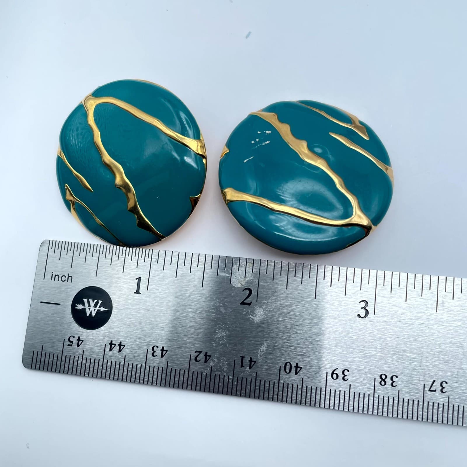 Pair of 2 Pierced Button Forest Teal Blue Enamel Gold Tone Stud Earrings - Thumbnail 8