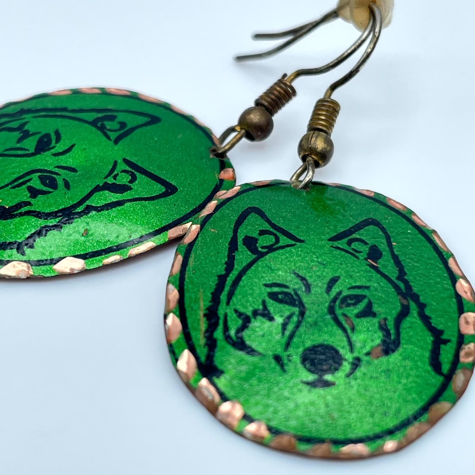 Vintage Copper Wolf Head Earrings Hand Painted Green Enamel Boho Animal Jewelry - Thumbnail 3