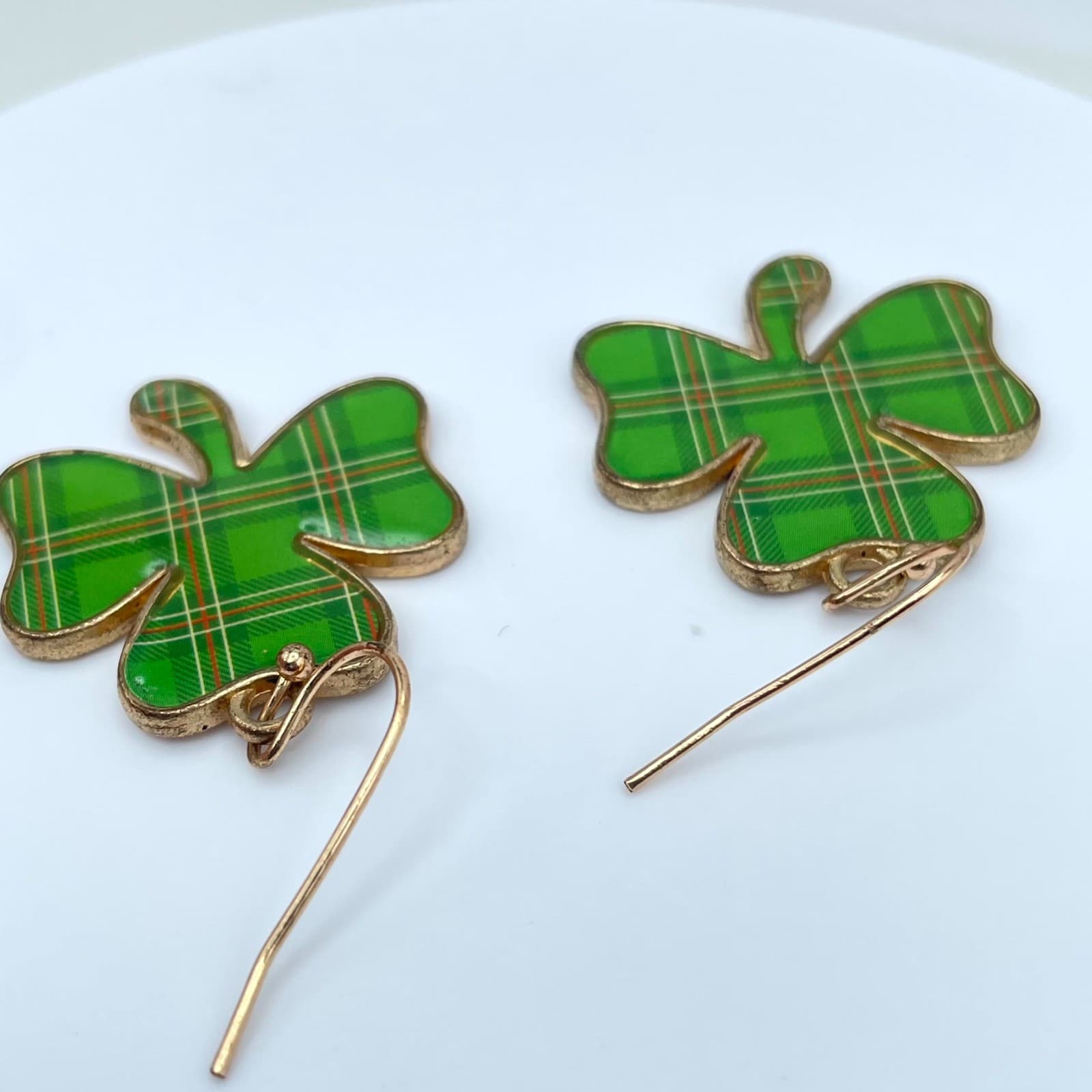 Vintage Green Plaid Shamrock Earrings Gold Tone Tartan Clover Irish St Patrick's - Thumbnail 6