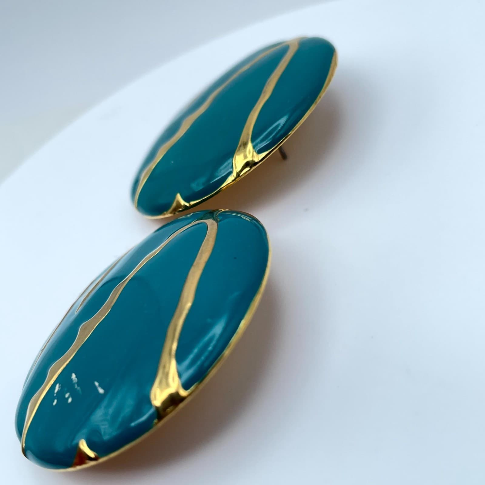 Pair of 2 Pierced Button Forest Teal Blue Enamel Gold Tone Stud Earrings - Thumbnail 6