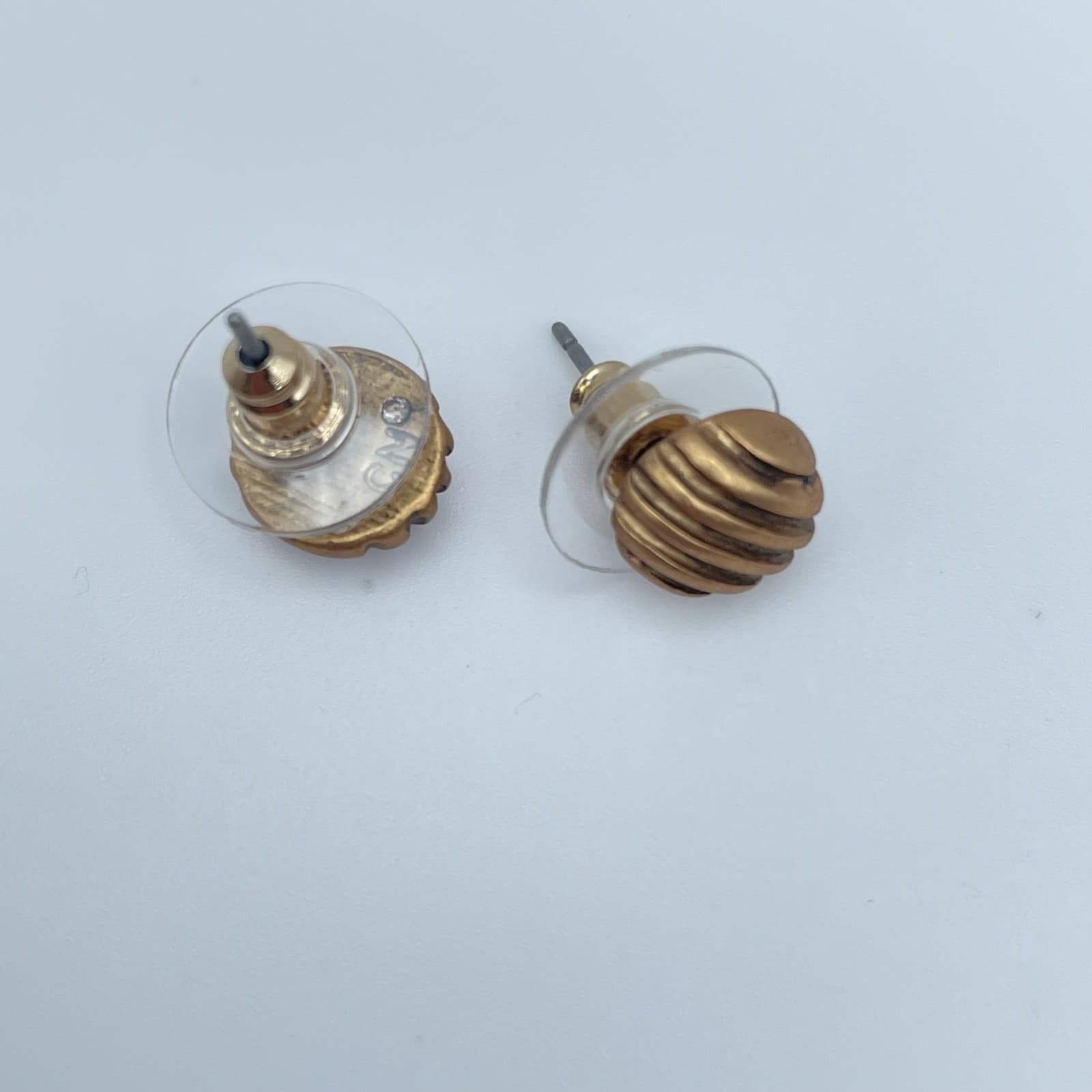 Vintage CN Signed Gold Tone Ribbed Dome Textured Ridged Chunky Stud Earrings - Image 1