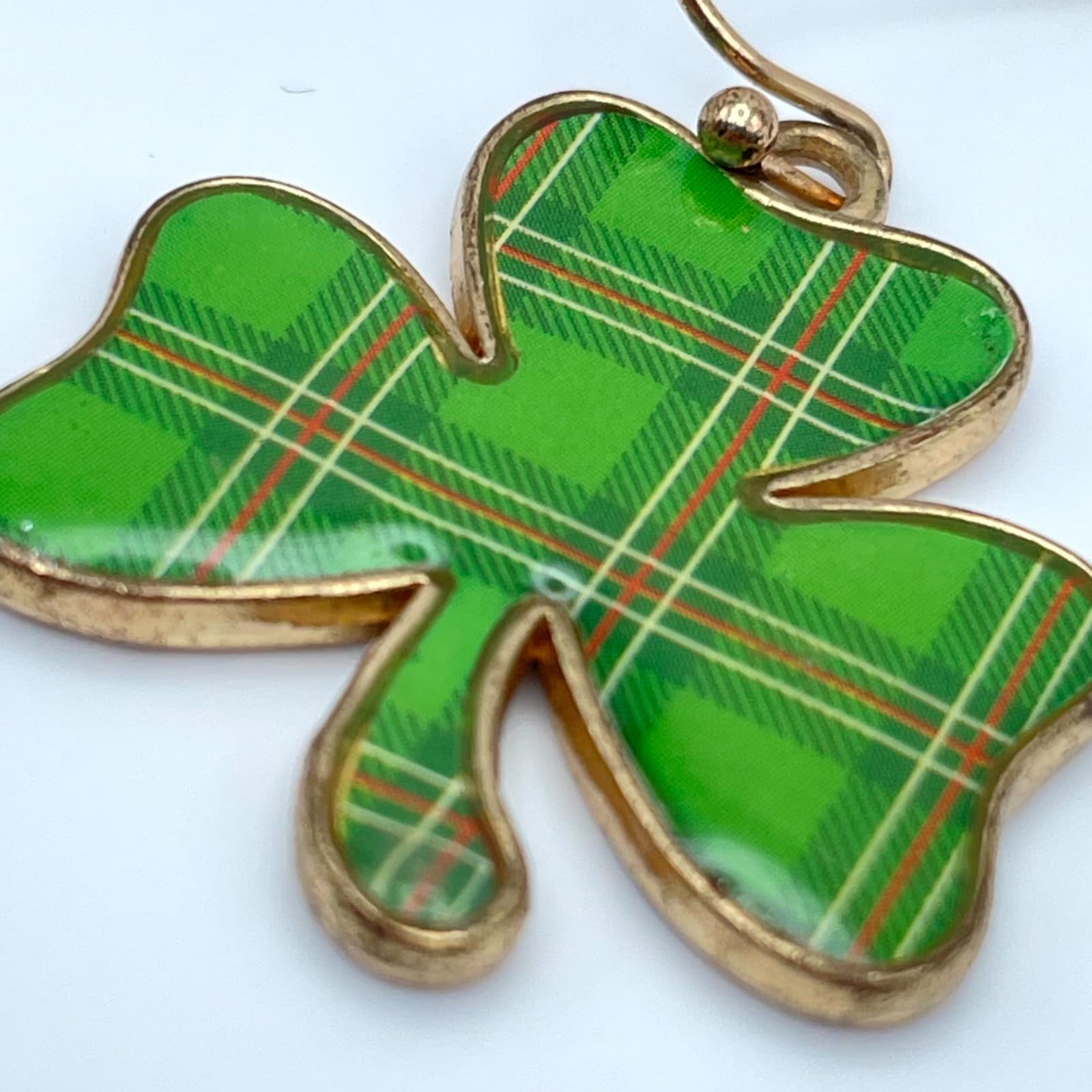 Vintage Green Plaid Shamrock Earrings Gold Tone Tartan Clover Irish St Patrick's - Thumbnail 7