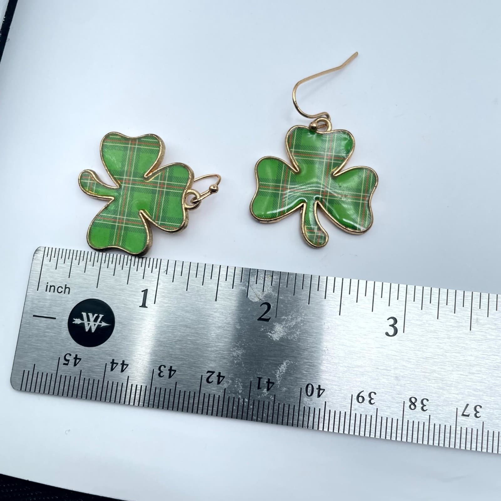 Vintage Green Plaid Shamrock Earrings Gold Tone Tartan Clover Irish St Patrick's - Thumbnail 8
