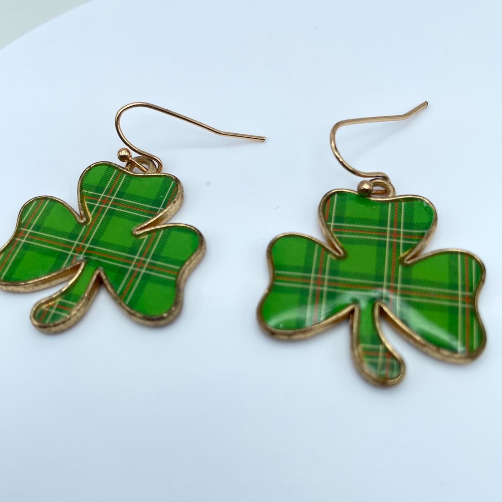 Vintage Green Plaid Shamrock Earrings Gold Tone Tartan Clover Irish St Patrick's - Thumbnail 3