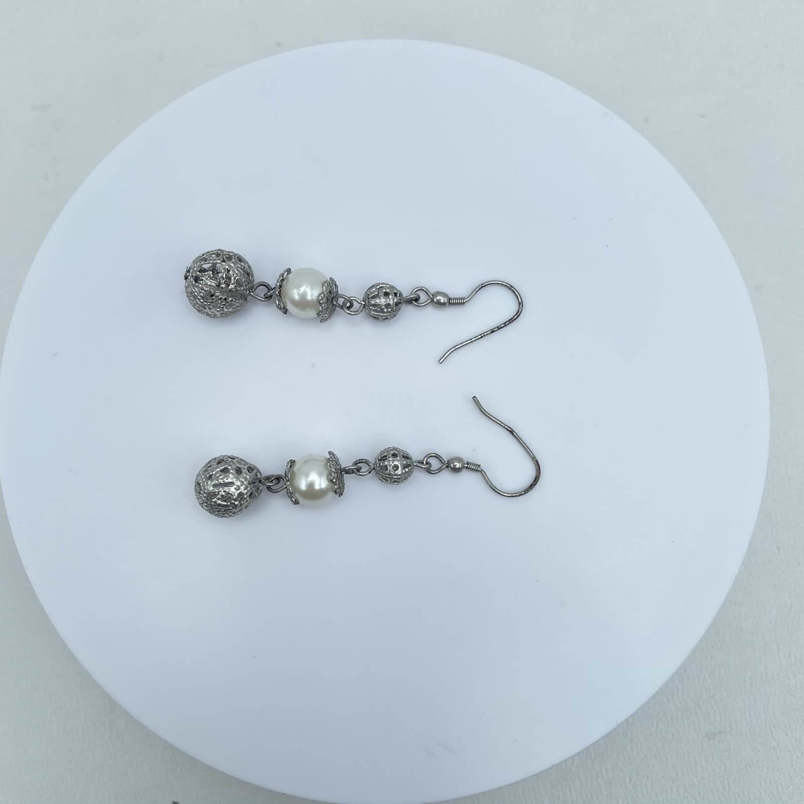 Vintage Silver Tone Filigree White Faux Pearl Bead Boho Dangle Drop Earrings - Thumbnail 6