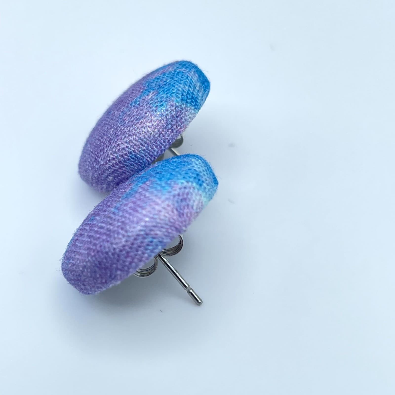 Vintage Blue Purple Tie Dye Fabric Covered Round Button Studs Earrings - Thumbnail 7